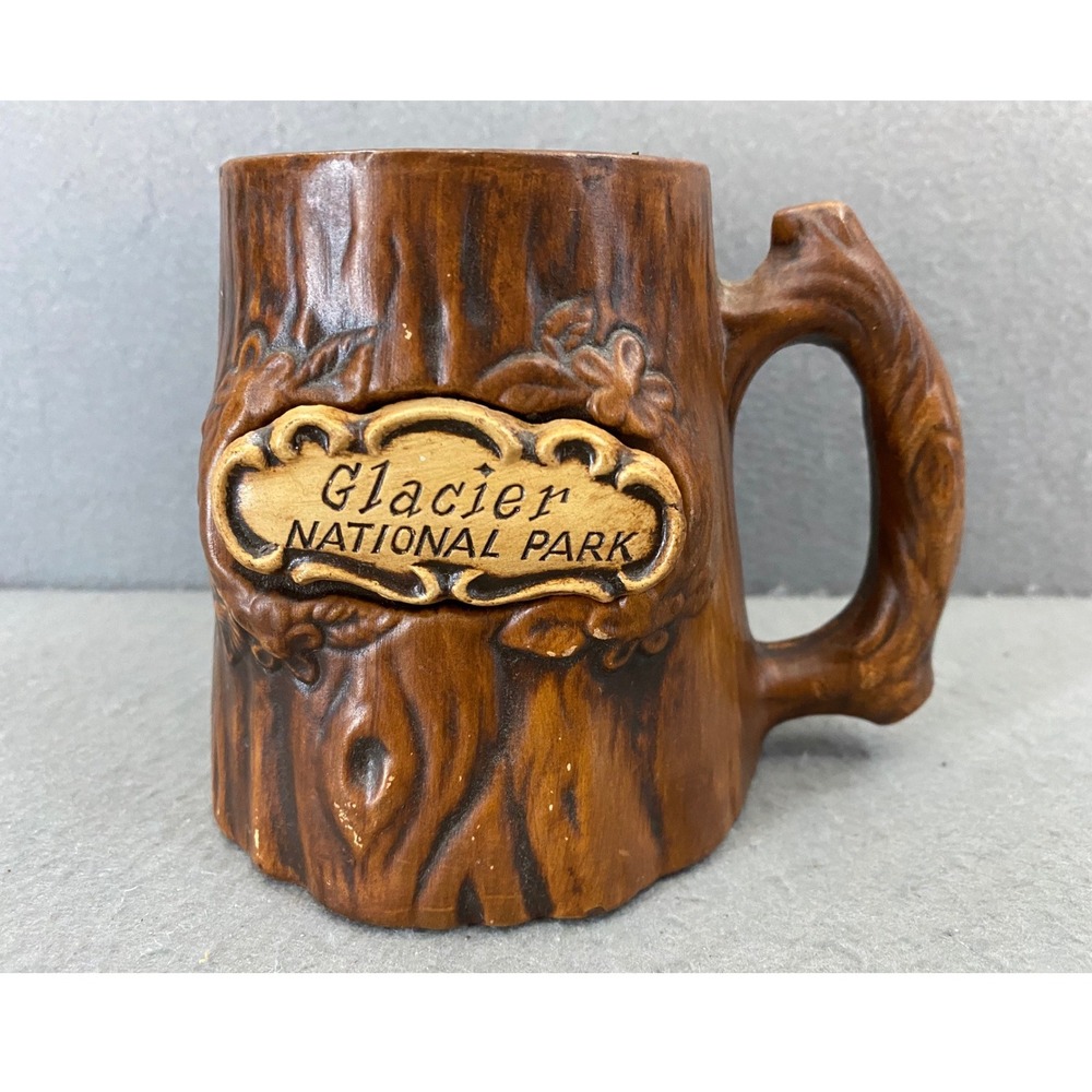 Vintage Treasure Craft Glacier National Park Faux Bois Tree Trunk Souvenir Mug